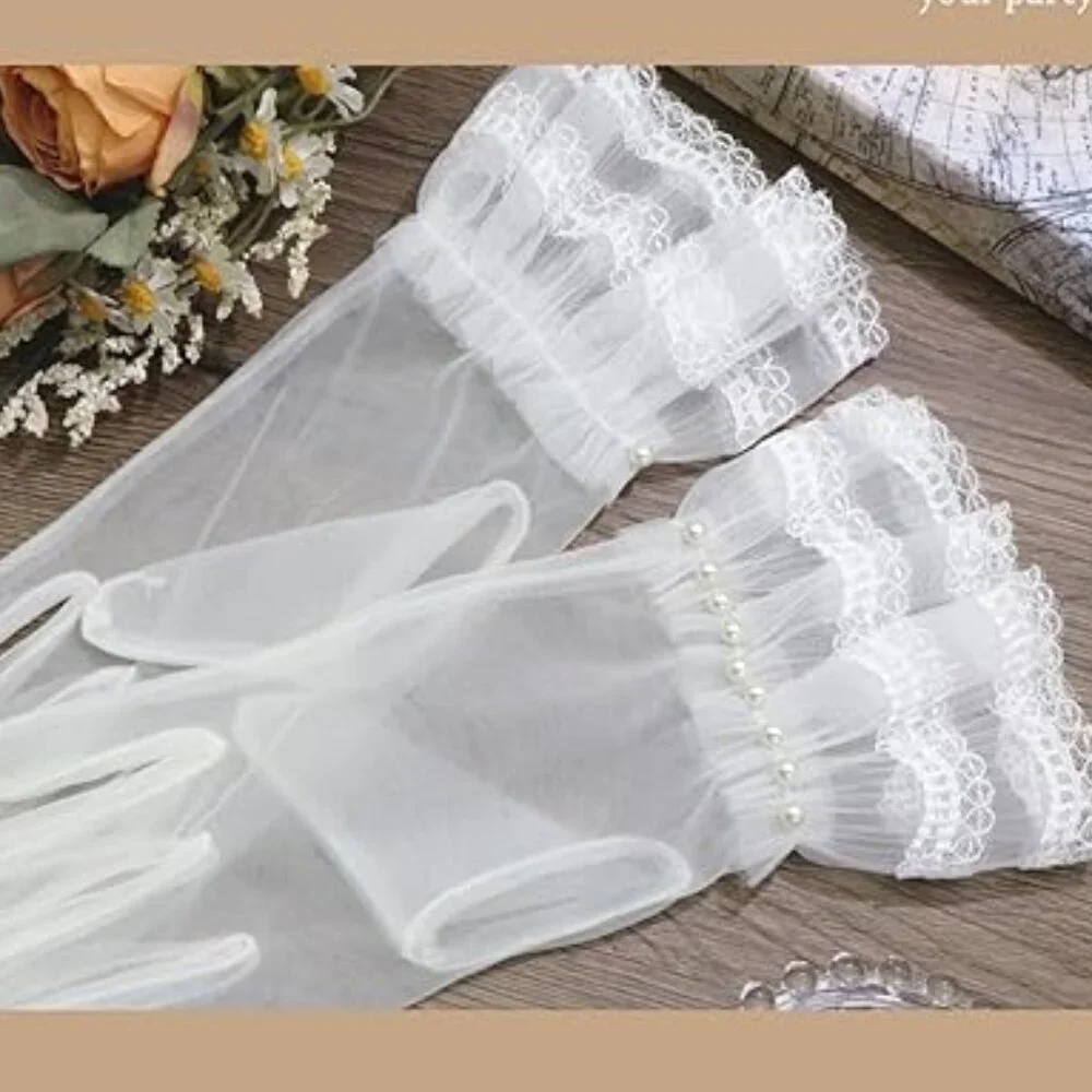 White Black Mesh Lace Ruffled Gloves
